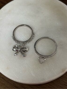 Silver Fashion Bow & Heart Charm Stacking Rings - Silver Set of 2